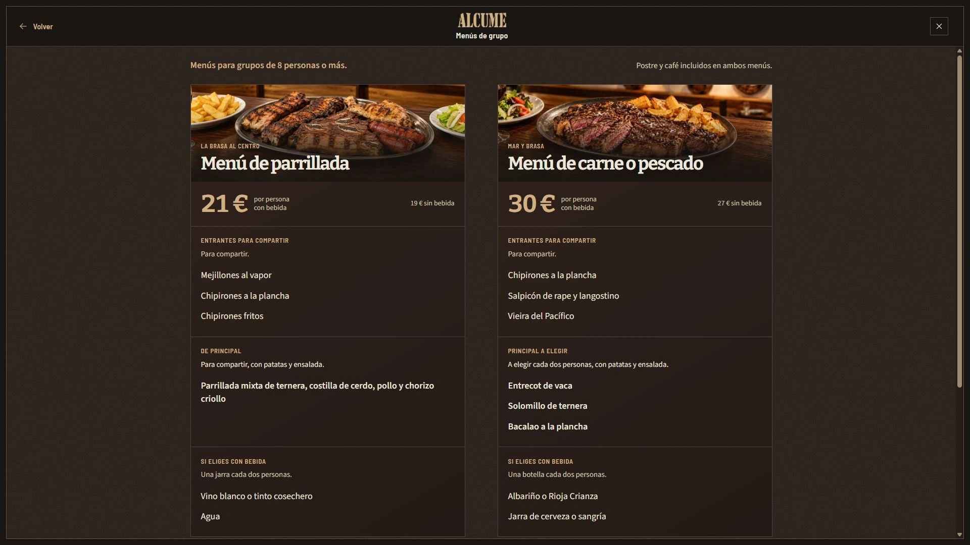 Menús de grupo de Alcume: parrillada y carne o pescado, con precios, entrantes, principales y bebidas.