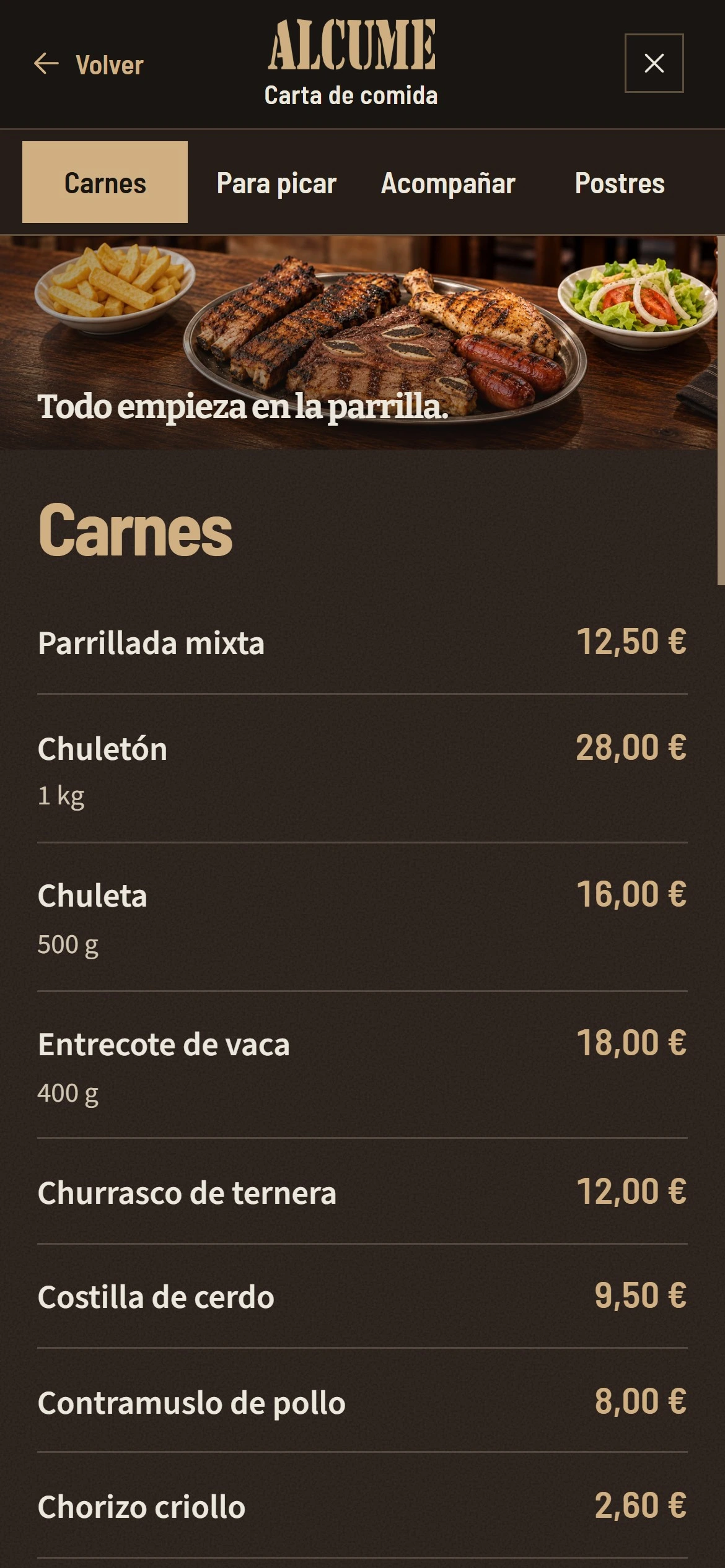 Carta móvil de Alcume con navegación por categorías y la sección de carnes con cantidades y precios.