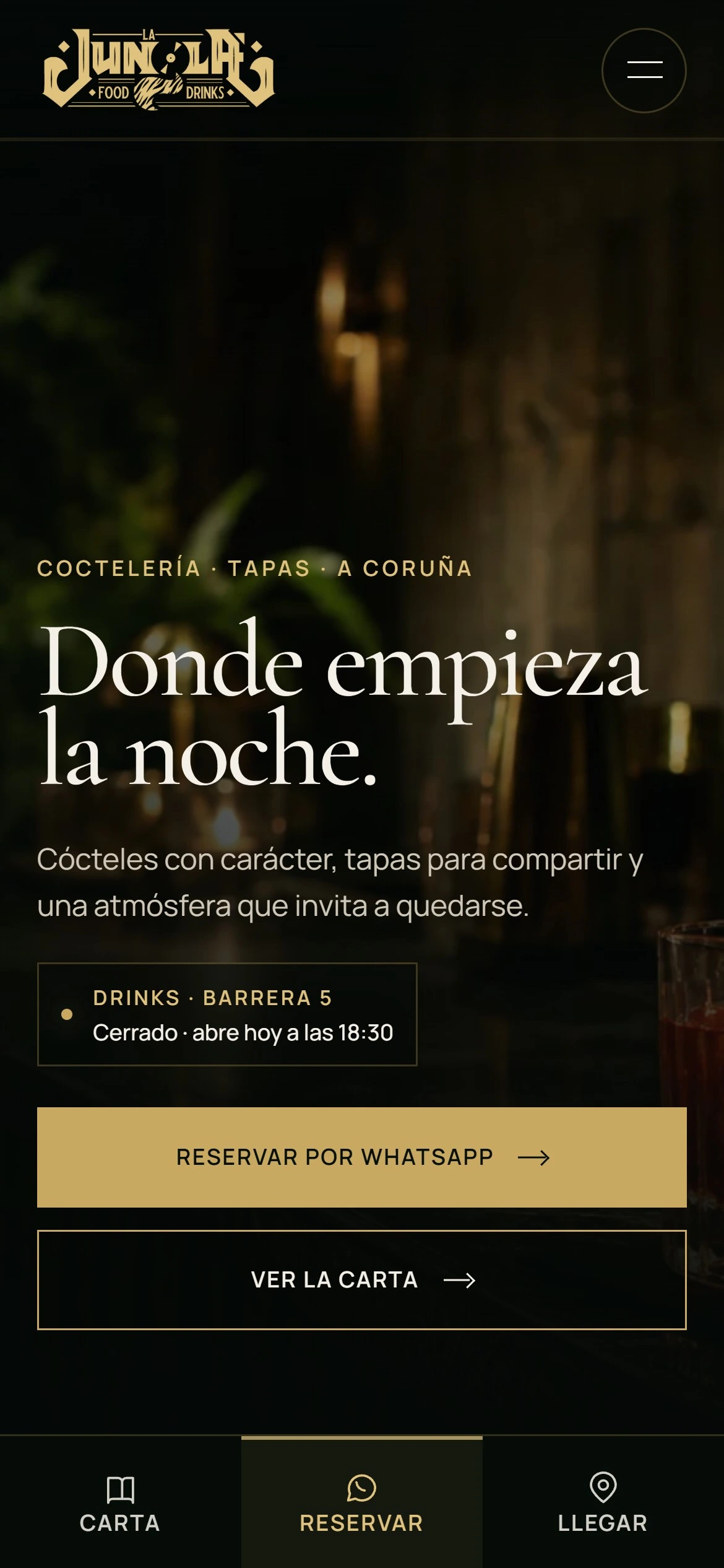 Portada móvil de La Jungla con la barra inferior de carta, reserva y cómo llegar.