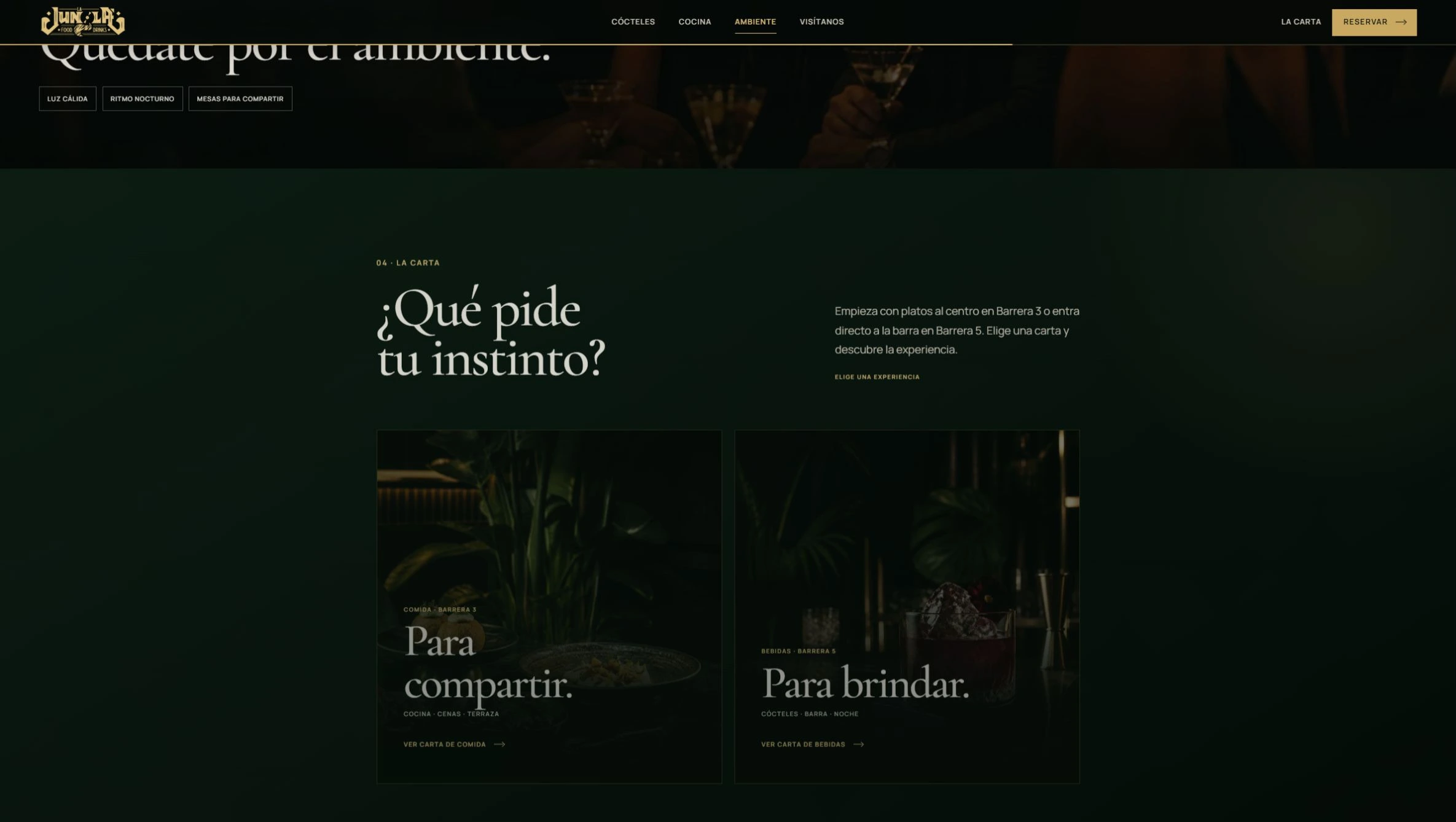 Selector de carta de La Jungla que diferencia comida y bebidas.