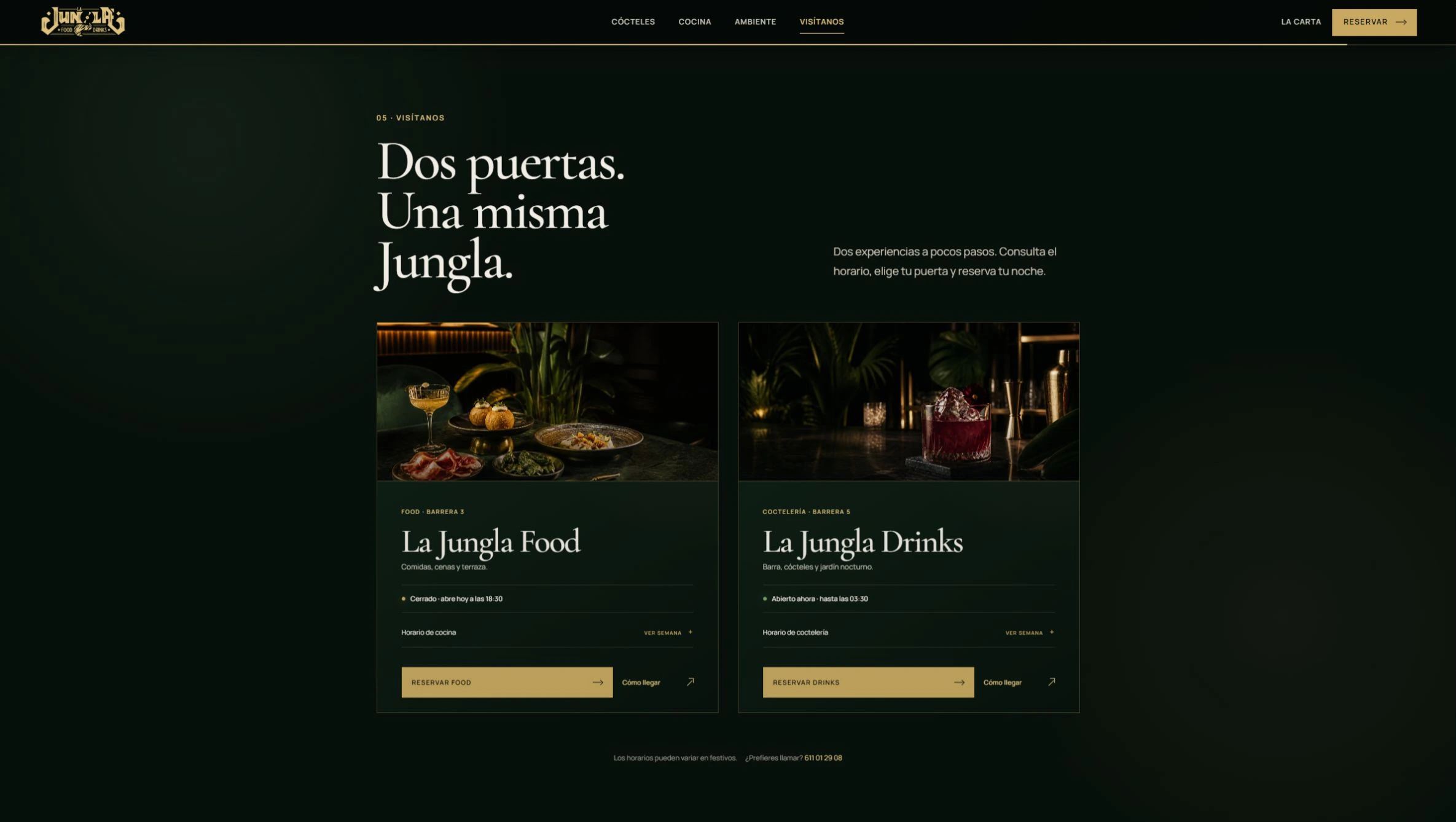 Sección de visita de La Jungla con los dos locales, horarios, reserva y ubicación.