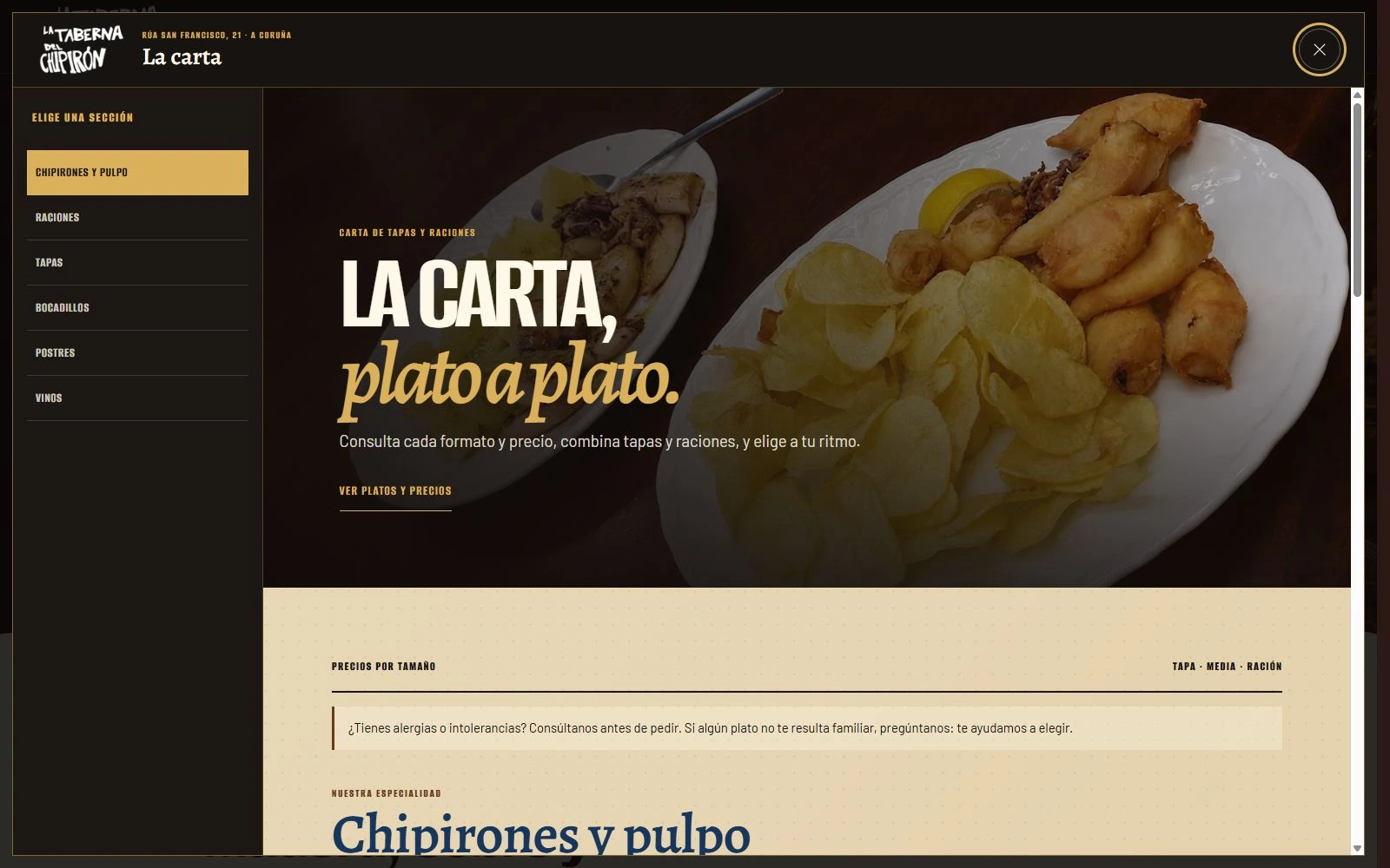 Carta digital de La Taberna del Chipirón organizada por categorías, formatos y precios.