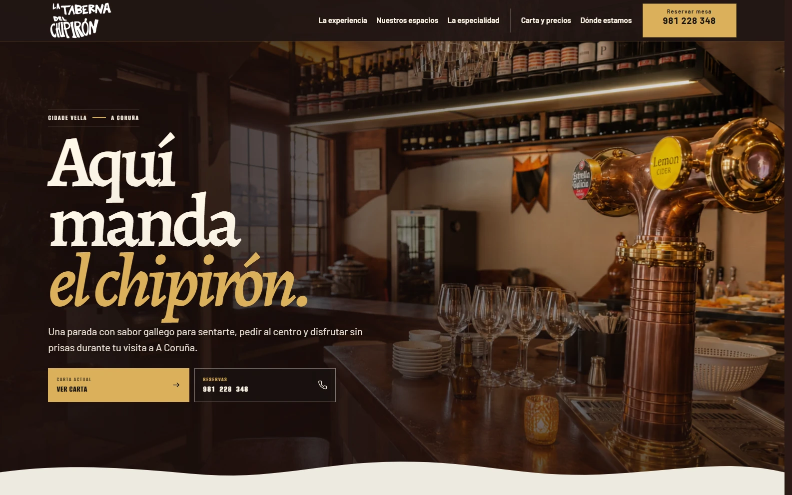 Portada de La Taberna del Chipirón con la barra real, el mensaje principal y accesos a carta y reserva.