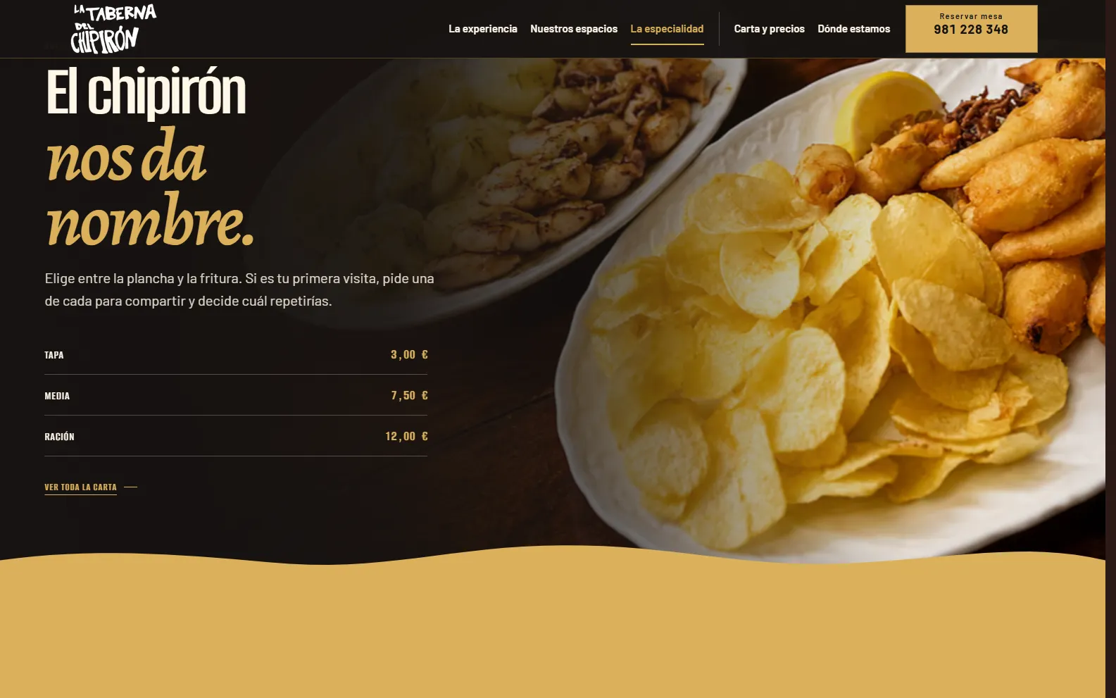 Sección de especialidad de La Taberna del Chipirón con los dos platos, precios y el sistema tipográfico de la web.