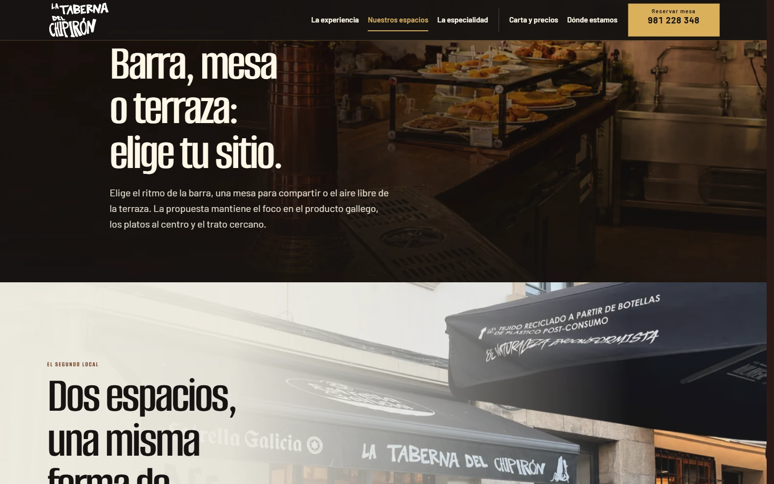 Sección de La Taberna del Chipirón dedicada a la barra, las mesas y la terraza.