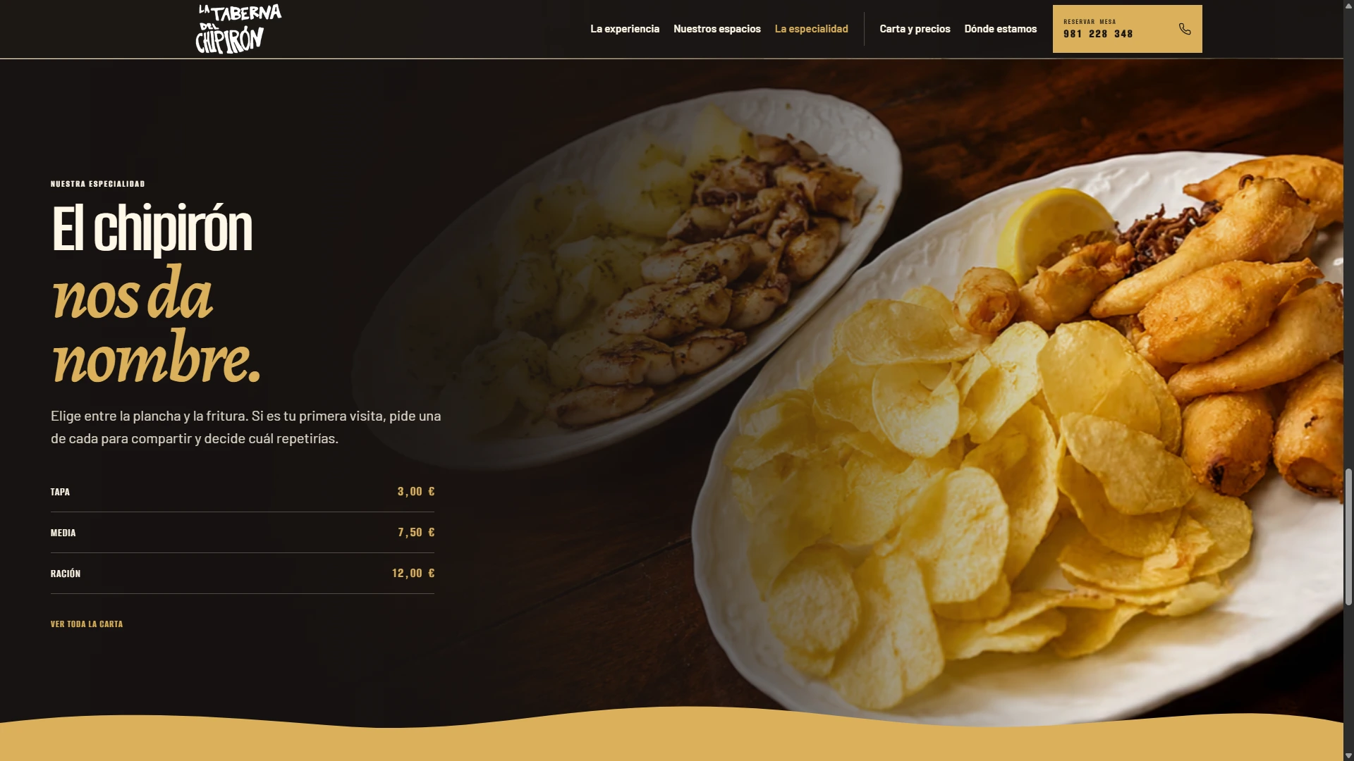 Sección de especialidad de La Taberna del Chipirón, con chipirones a la plancha y fritos, precios y fotografía del producto.