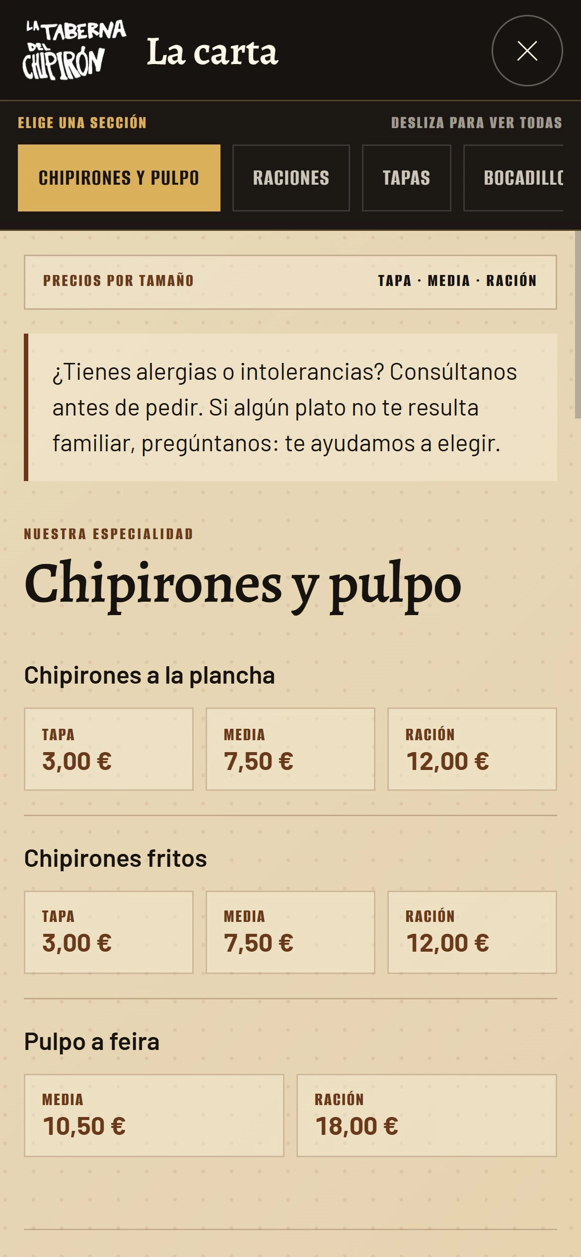 Carta móvil de La Taberna del Chipirón con los platos de chipirones y pulpo completos y sus columnas de tapa, media y ración.