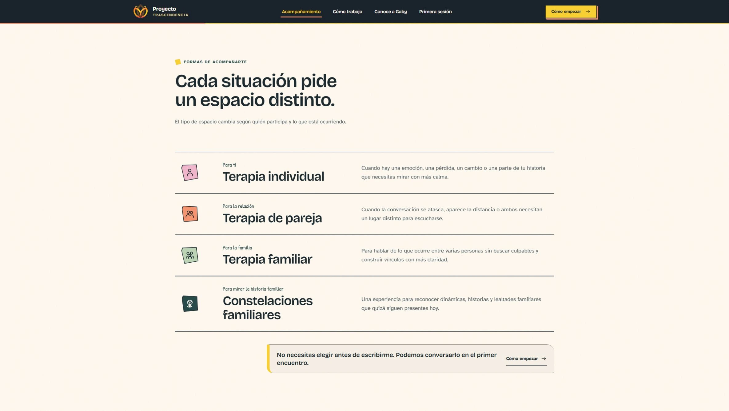 Sección de acompañamiento de Proyecto Trascendencia organizada por necesidades.