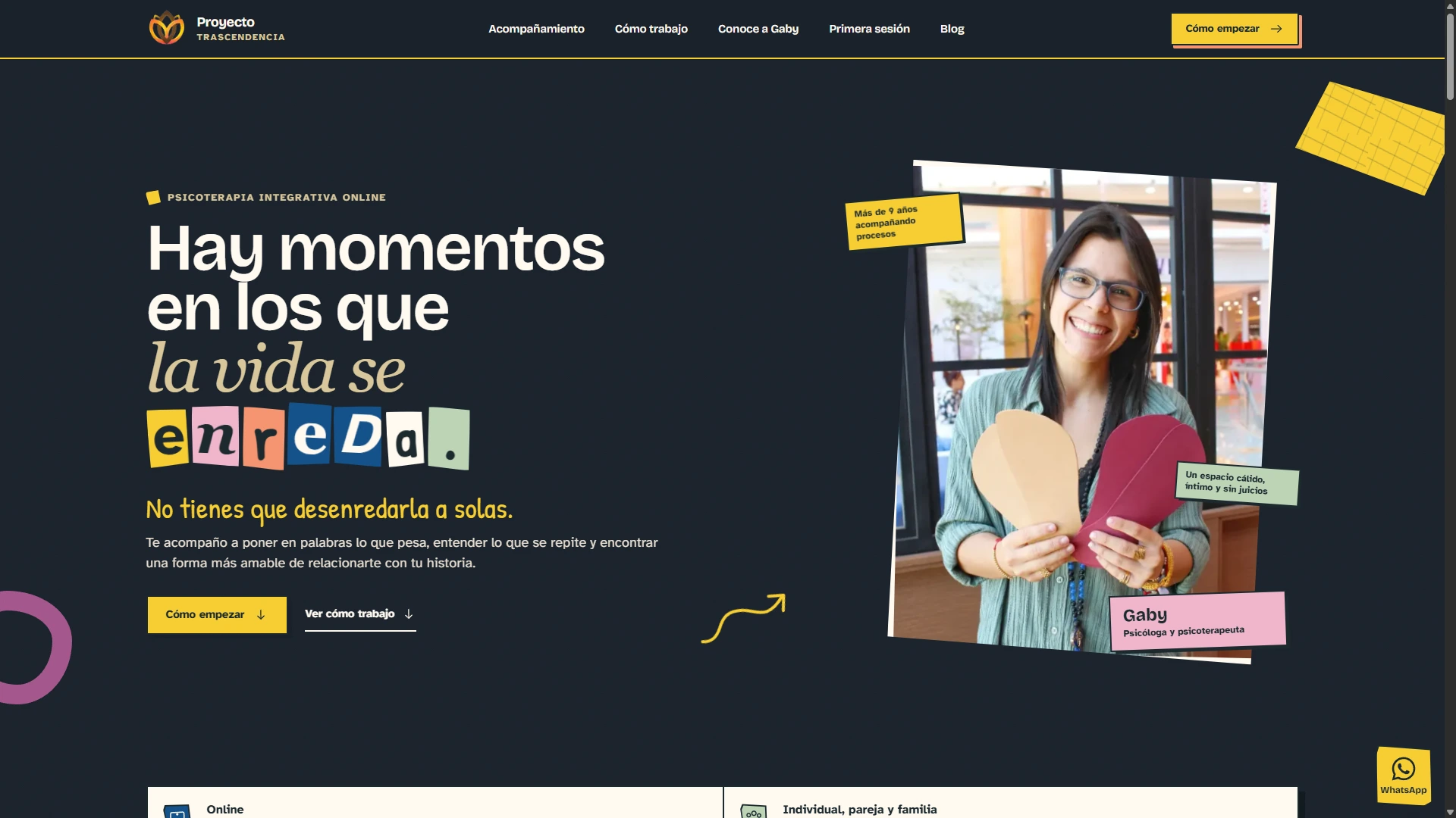 Portada de Proyecto Trascendencia en escritorio con el logotipo, el mensaje sobre cuando la vida se enreda, Gaby e información del acompañamiento online.