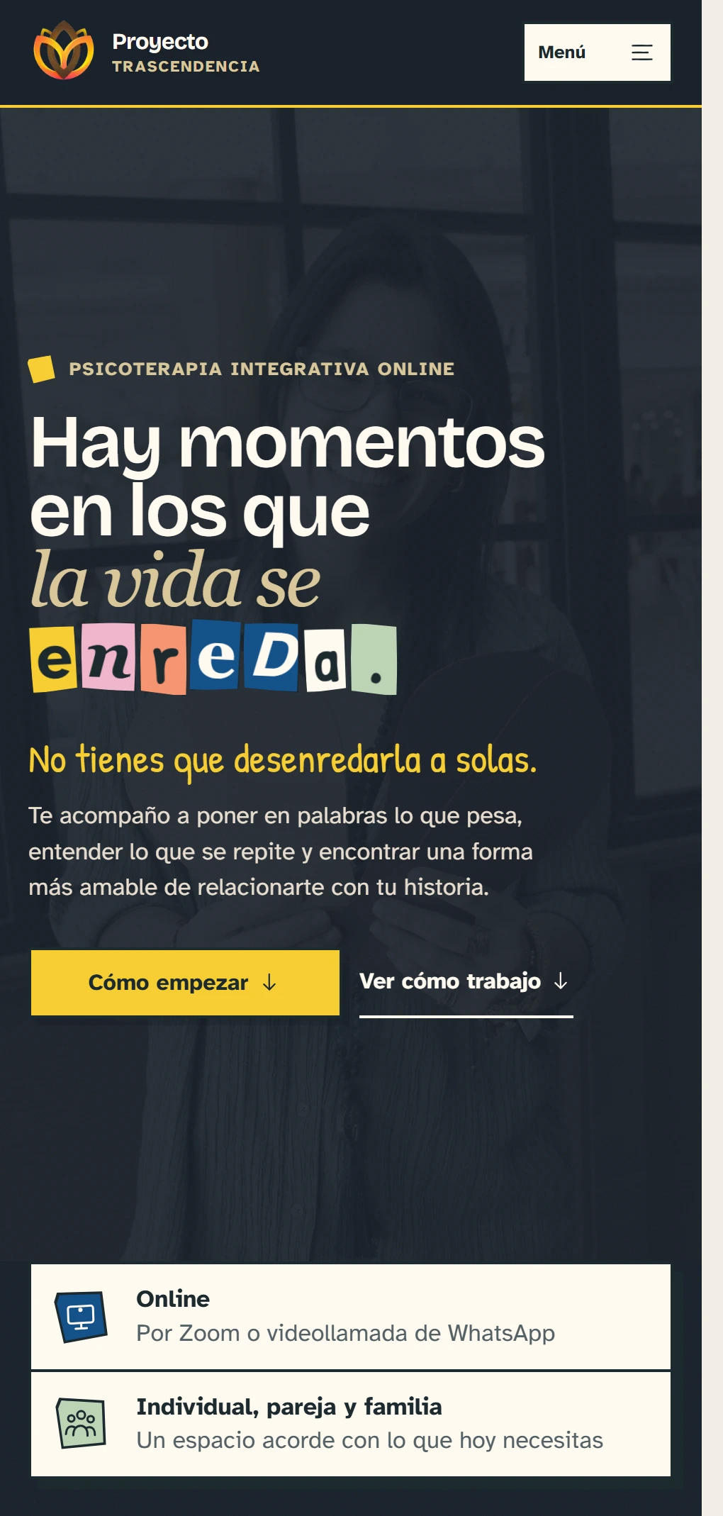 Portada móvil de Proyecto Trascendencia con navegación compacta y llamadas a la acción.