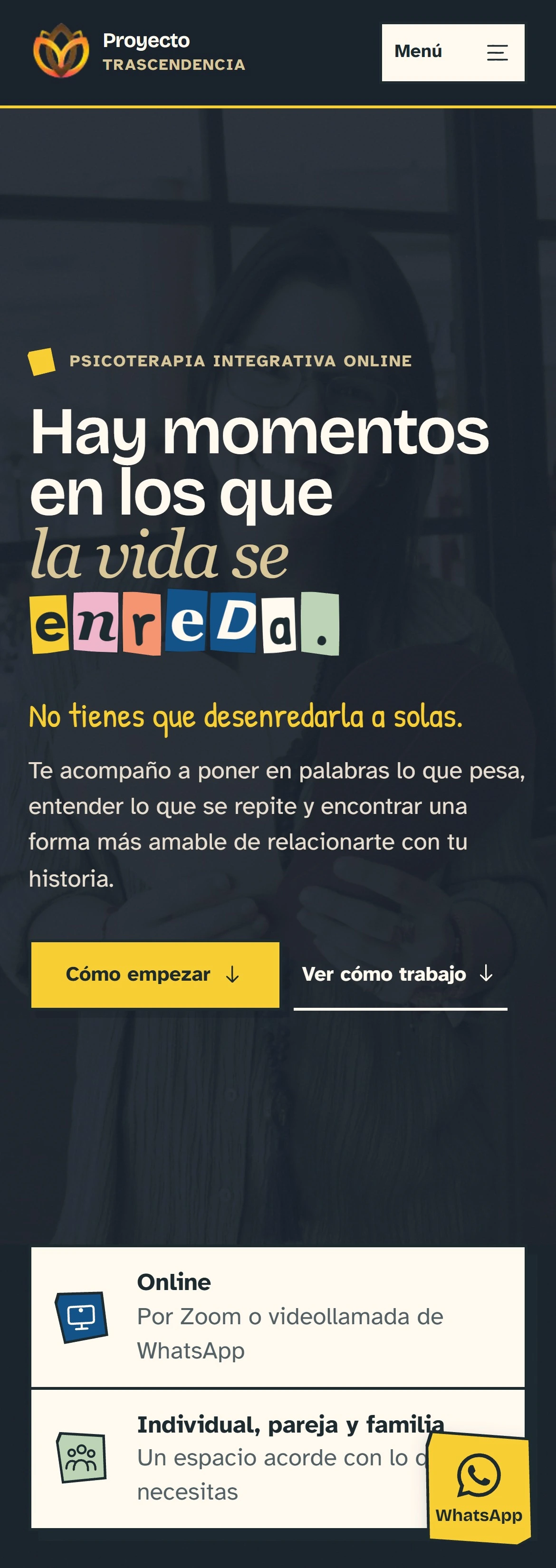 Portada móvil de Proyecto Trascendencia con el mensaje inicial y el bloque completo de información del acompañamiento online.